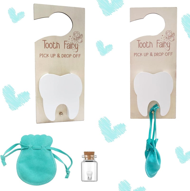 ZHYEEDAA 3 Pcs Tooth Fairy Kit,Tooth Fairy Tooth Holder with Tooth-Storage Bottle Velvet Pouch& Money Slot Keepsake,Wooden Tooth Door Hanger for Kids' First Lost Teeth, Tooth Fairy Gifts for Boy and Girl(Blue) - Image 1